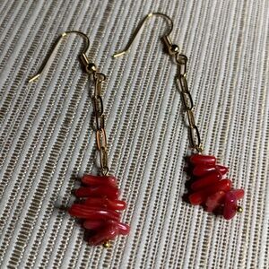 18K gold plated paper clip chain earrings with genuine coral